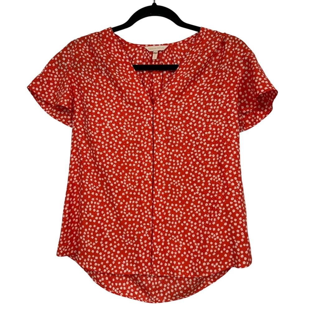 Rebecca Taylor Red Ditsy Floral Blouse Womens 2 Petal Sleeve Silk Blend Top